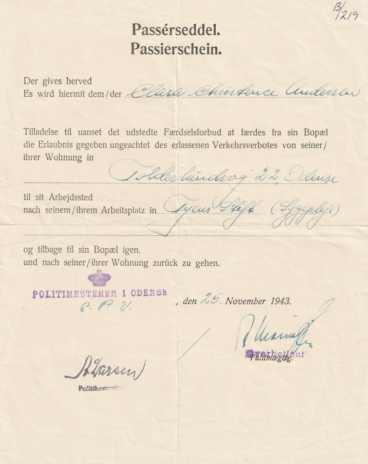 Passérseddel 1943