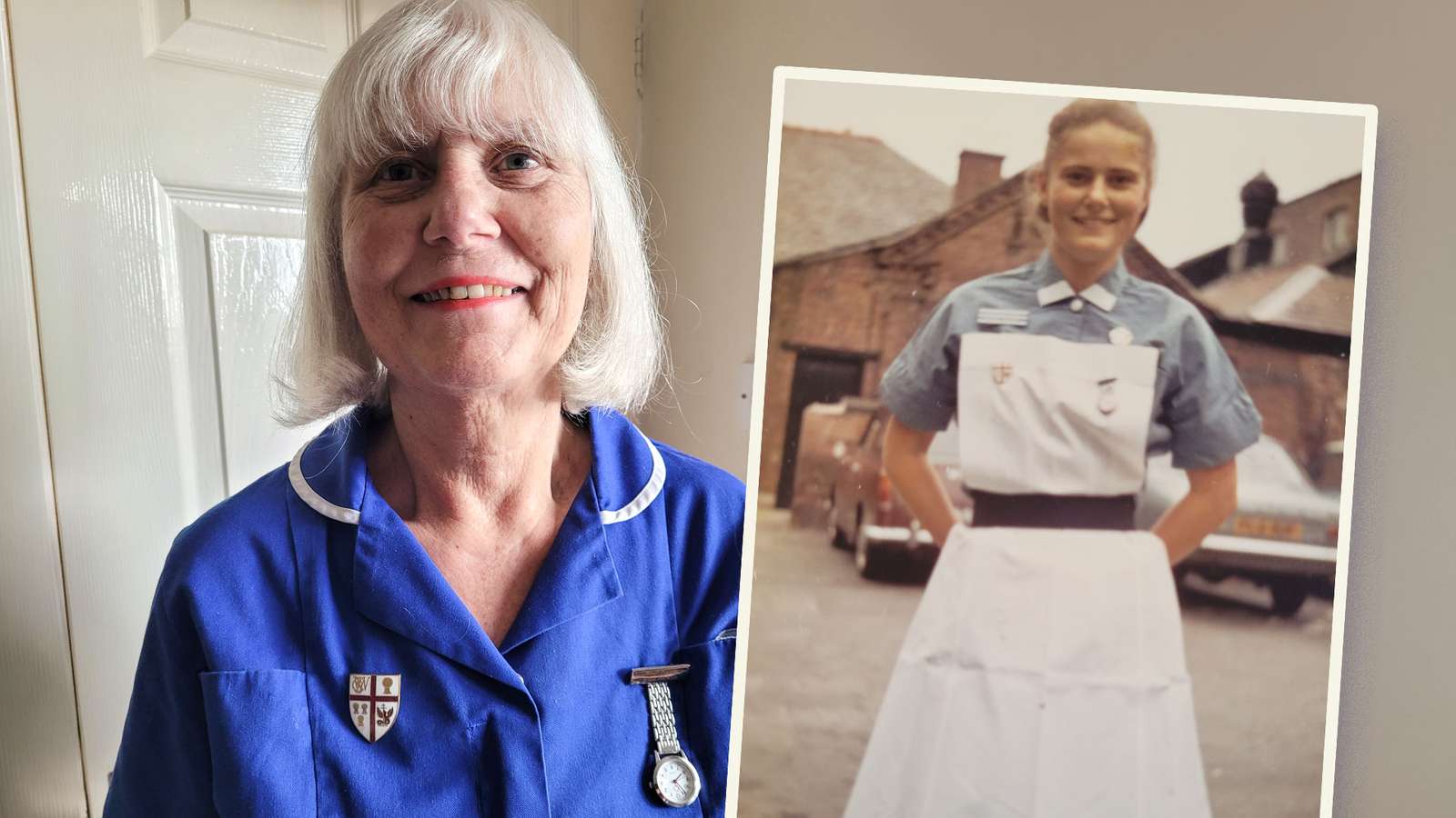 Vibeke Karner Nicklin i sin sygeplejeuniform i dag og ved dimission for 61 år siden.  
