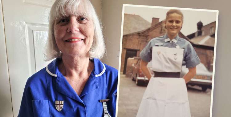 Vibeke Karner Nicklin i sin sygeplejeuniform i dag og ved dimission for 61 år siden.  